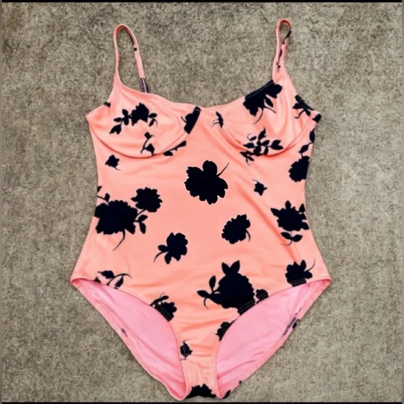 Kate Spade Pink & Black Floral One-Piece Swimsuit, Size L - Picture 1 of 5